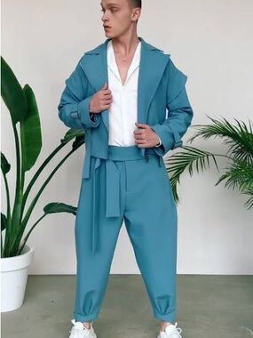 ORTTU Men's Teal Blue Trench Coat and Trousers Set